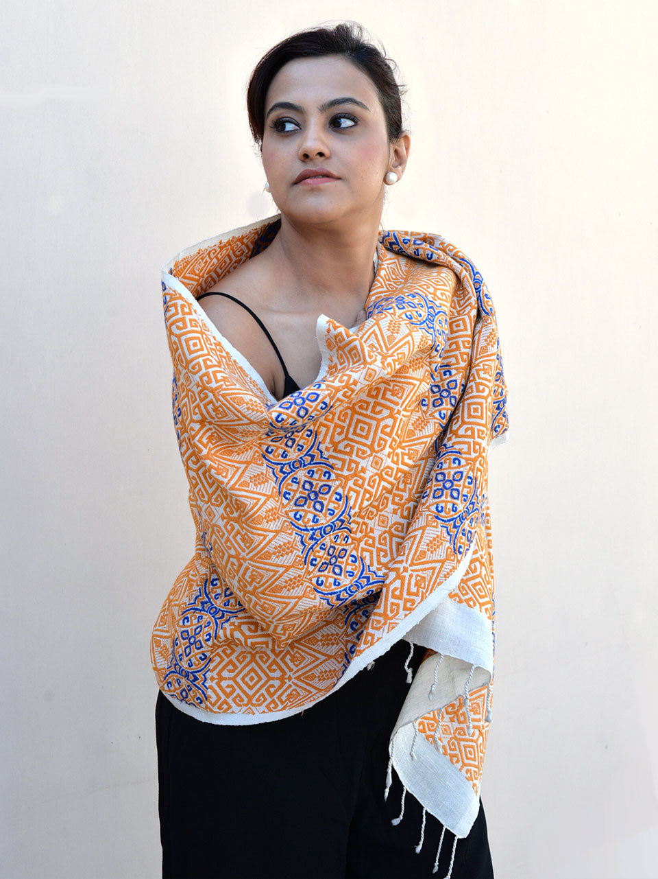 Tribal Tusker - Pure Eri Silk Stole with Yellow and Blue Muga Patterns