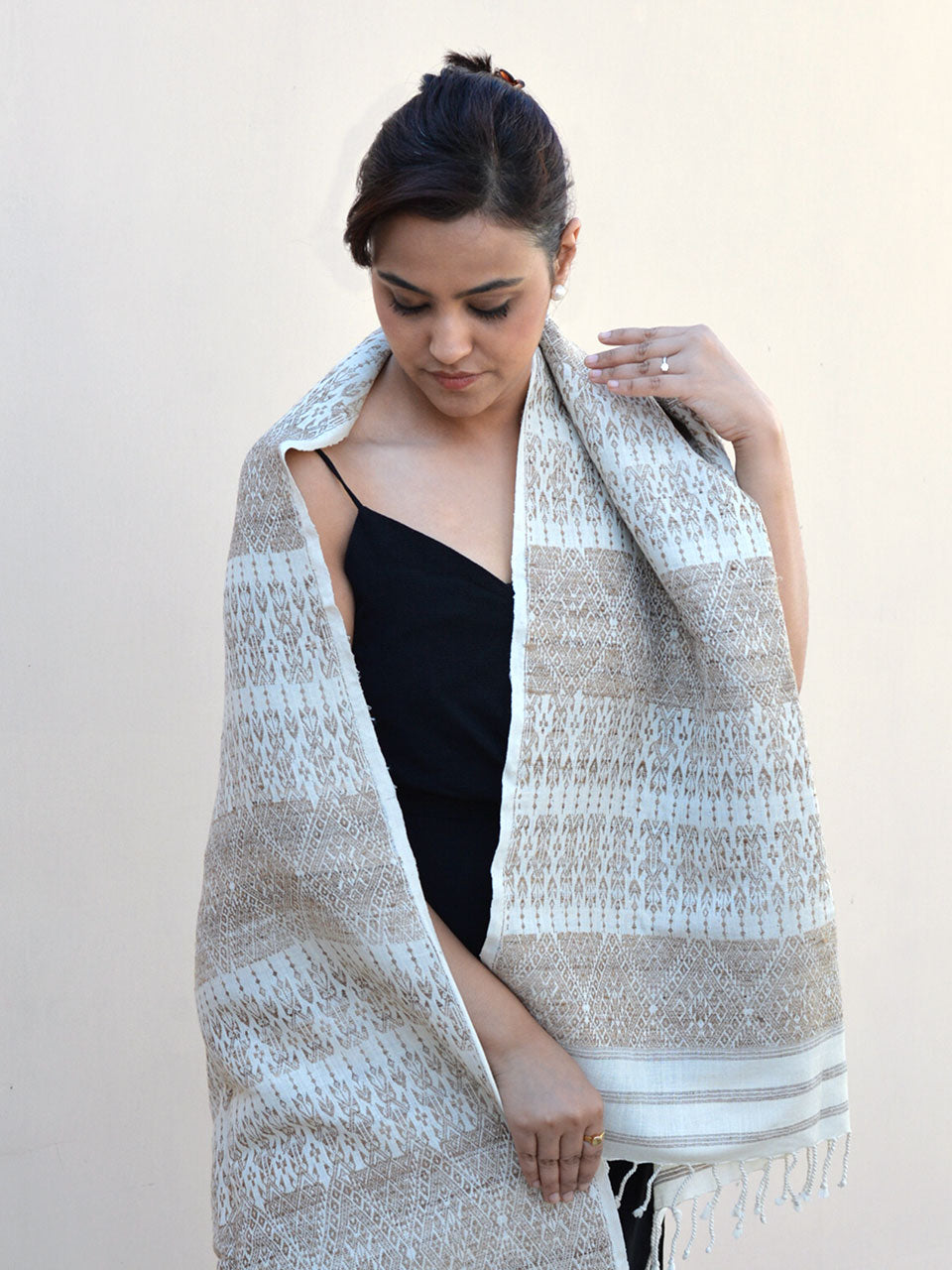 Tribal Tusker - Pure Eri Silk Stole with Beige and Golden Muga Patterns