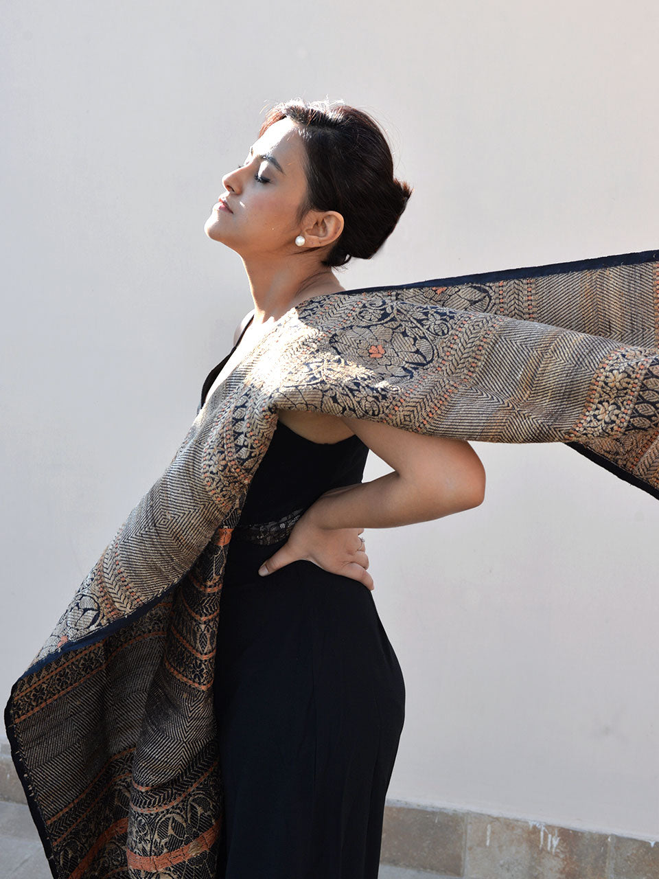 Tribal Tusker - Pure Mulberry Silk Stole with Golden Muga Patterns