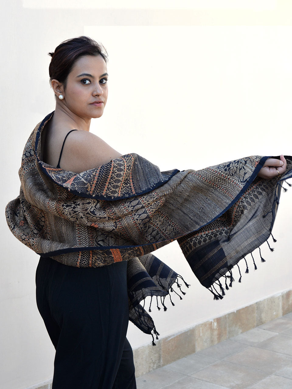 Tribal Tusker - Pure Mulberry Silk Stole with Golden Muga Patterns