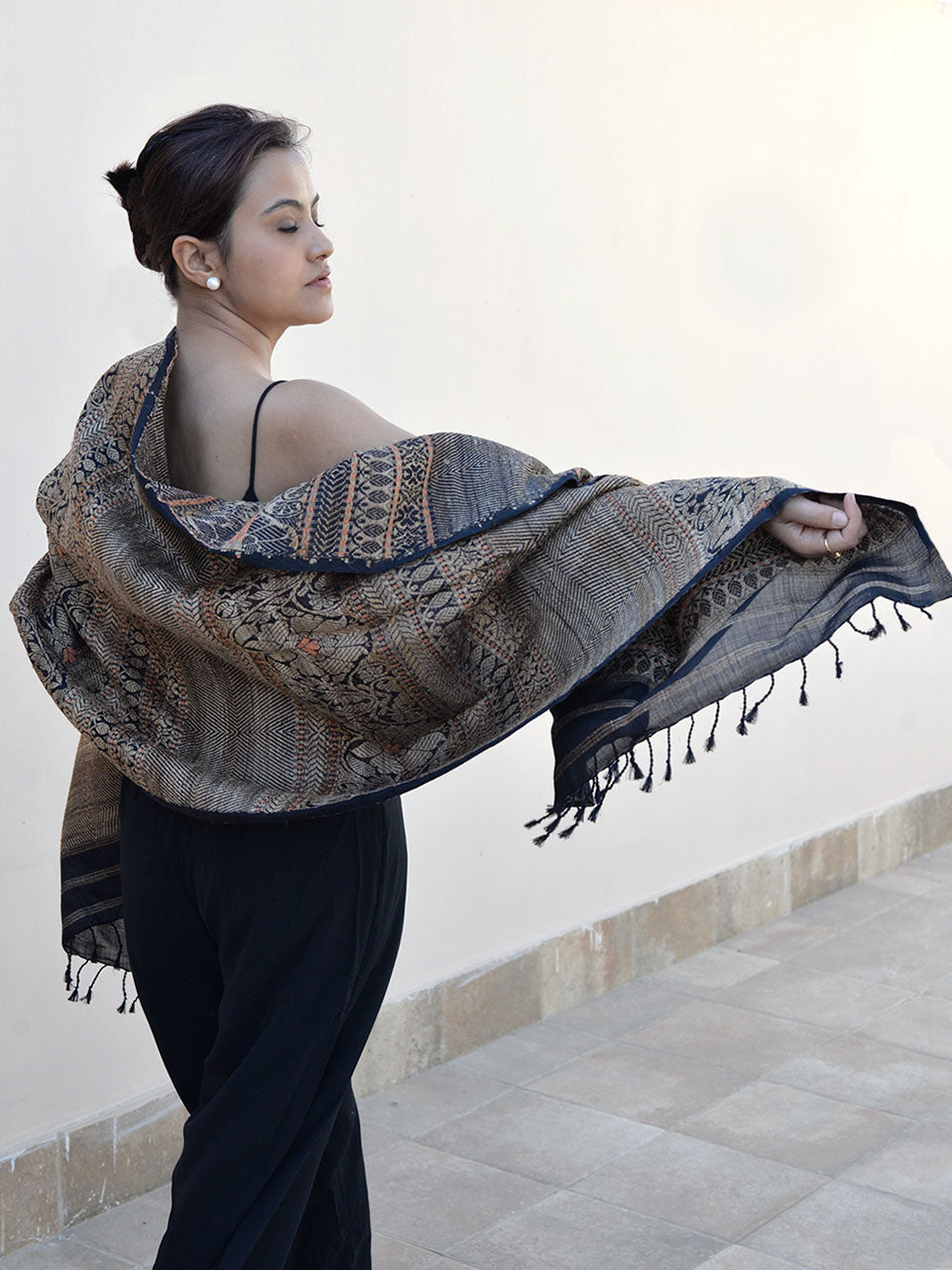 Tribal Tusker - Pure Mulberry Silk Stole with Golden Muga Patterns