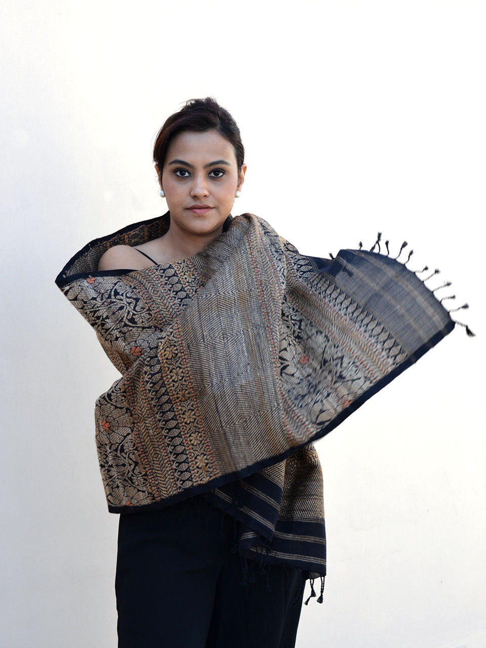 Tribal Tusker - Pure Mulberry Silk Stole with Golden Muga Patterns