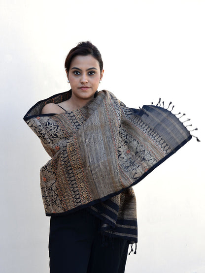 Tribal Tusker - Pure Mulberry Silk Stole with Golden Muga Patterns