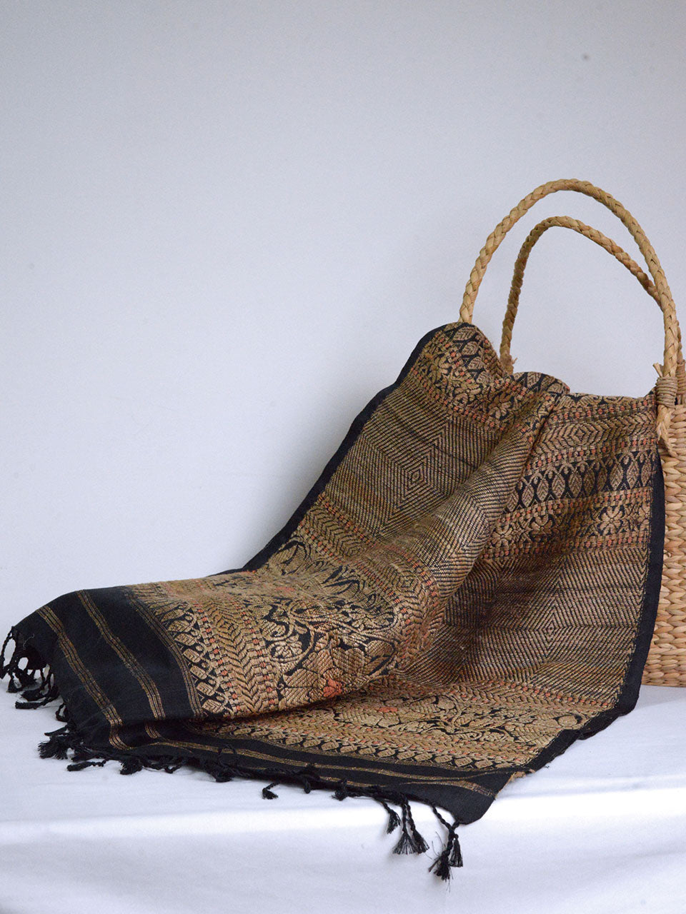 Tribal Tusker - Pure Mulberry Silk Stole with Golden Muga Patterns