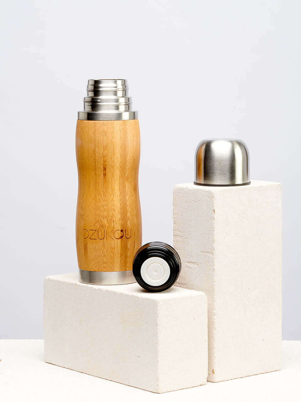 Bamboo Thermos Bottle kept on a white background