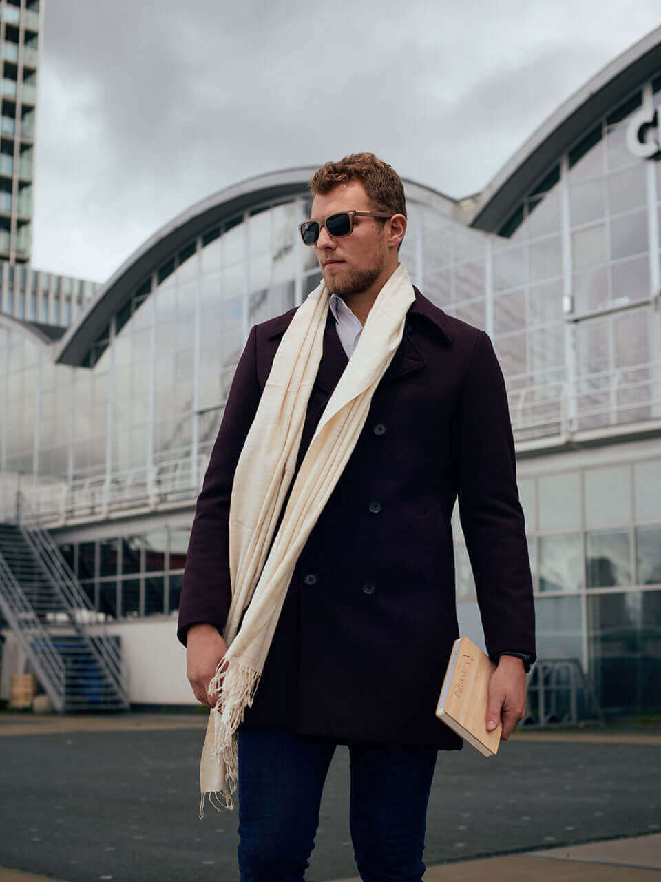 man wearing wooden sunglasses